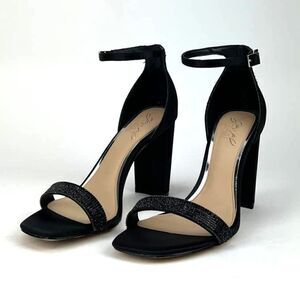 New Jewel Badgley Mischka Women Shoes Black Satin Block Heel Open Sandals US 8.5
